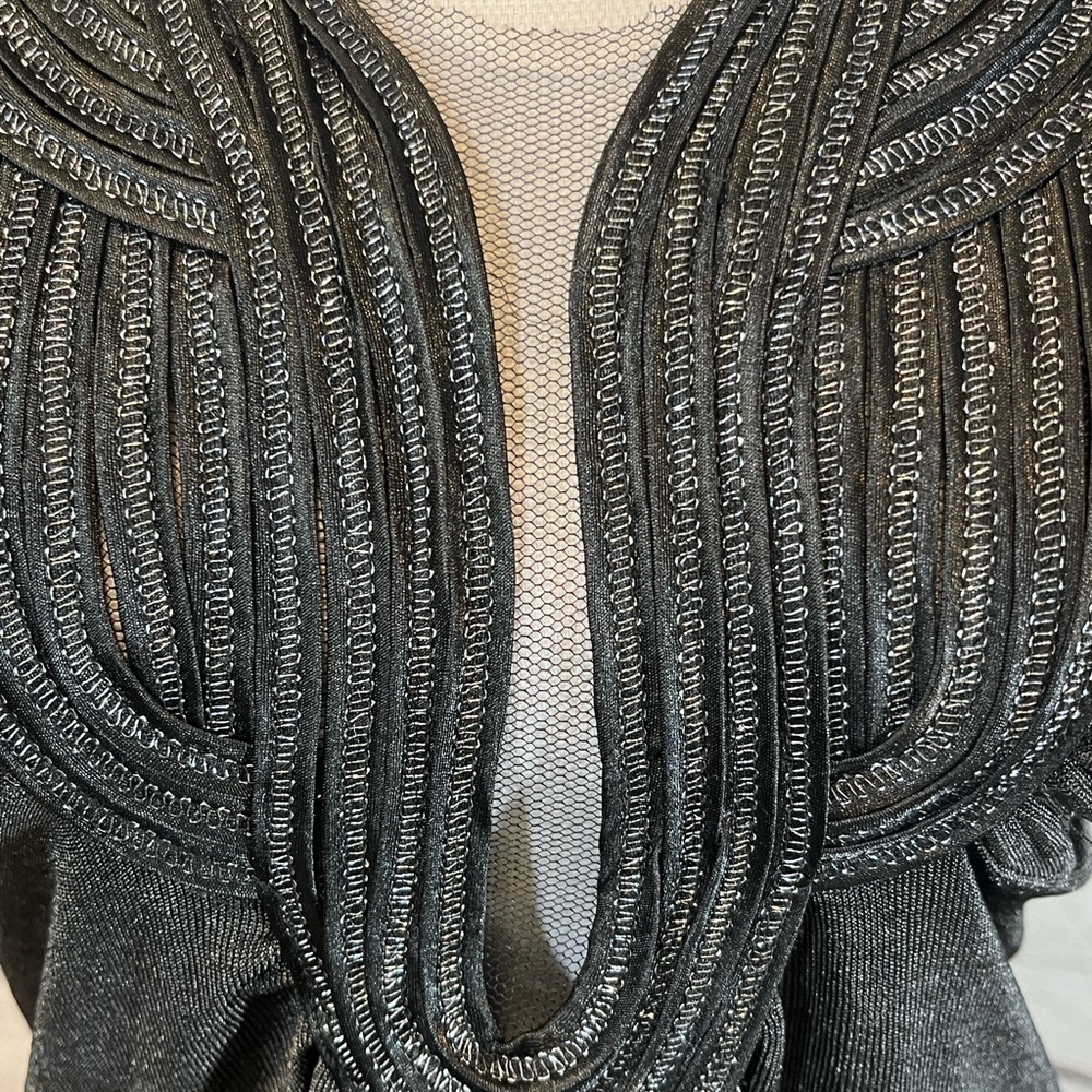 YOYO 5 Shimmery Black Drape Front Short Sleeve Blouse w Embellished Neckline-M - Picture 4 of 4